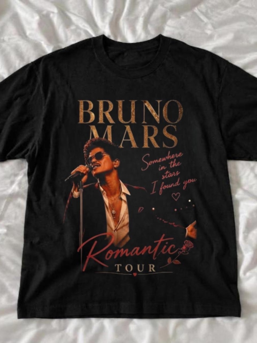 Gildan Black Bruno Mars Romantic Tour Graphic Tee with Gold & Red Accents